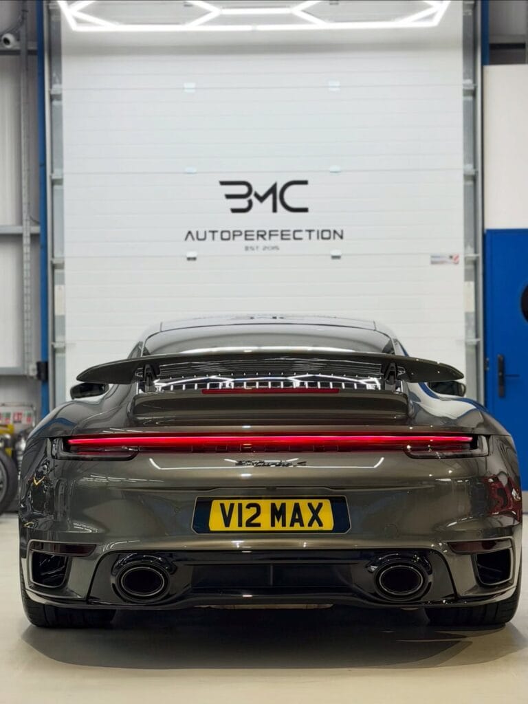 Custom shaped registration plate from Fourdot Signature Range installed on Porsche 911 992.1 Turbo S