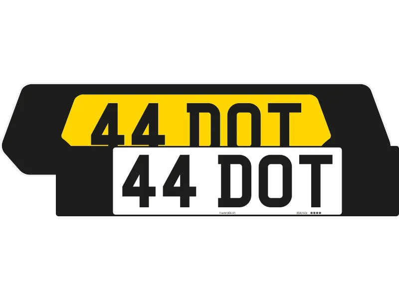 Black Signature & Classic number plate set for Porsche Panamera, showing a shaped yellow rear plate and rectangular white front plate with black surround.