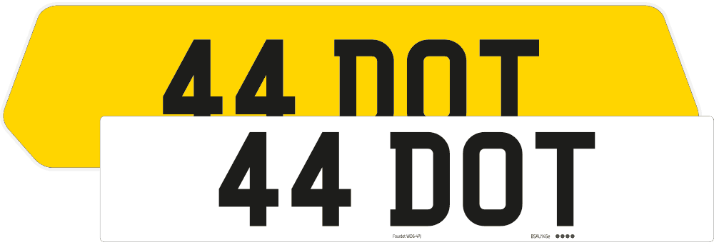 Fully reflective Signature rear number plate and Classic front number plate set, shown with black registration text and a premium gloss finish.