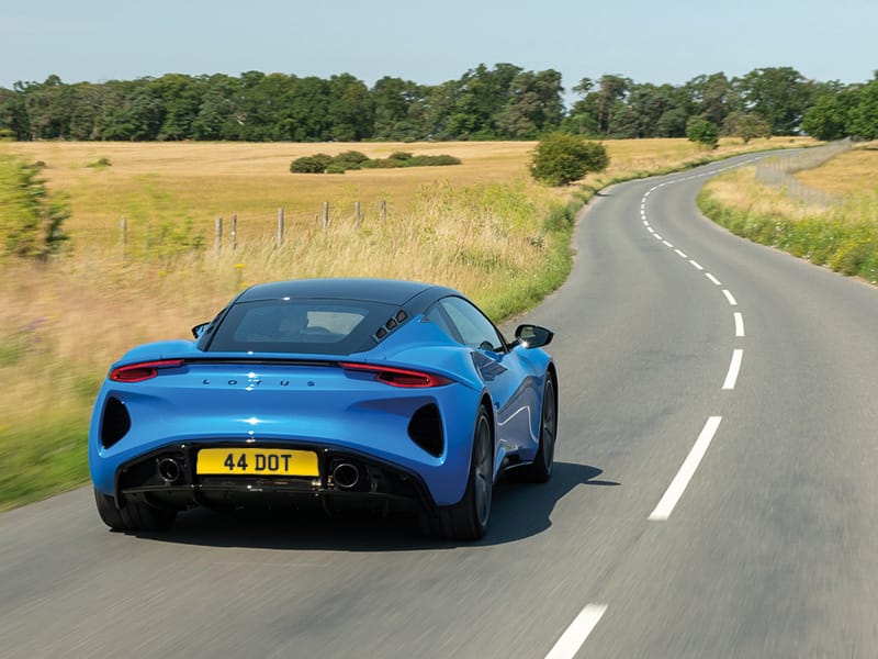 Blue Lotus Emira with reflective shaped rear number plate