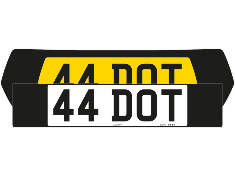 Black MINI number plate backing with a centrally positioned white 44 DOT plate in Classic style.