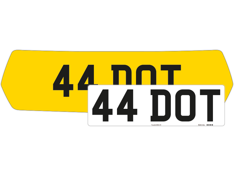 Fully reflective yellow MINI number plate backing with an offset white 44 DOT plate in Zero style.