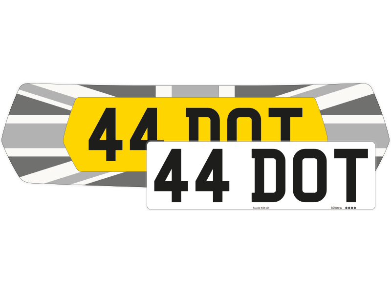 Grey Union Jack patterned MINI number plate backing with an offset white 44 DOT plate in Zero style.