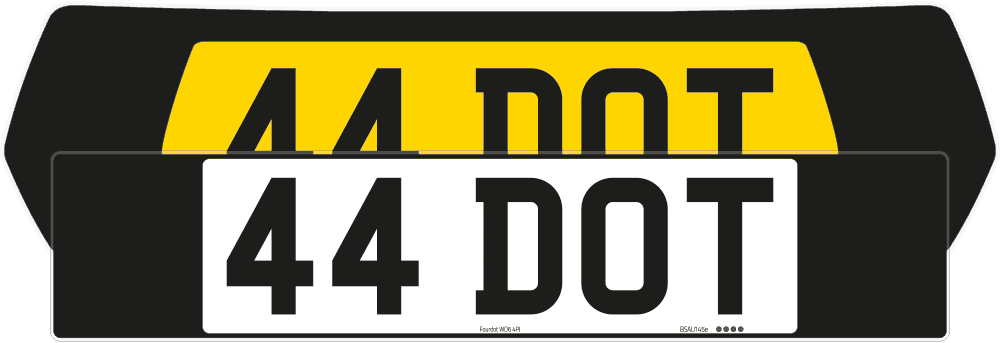 Close-up of a black MINI number plate backing with centrally positioned white 44 DOT plate in Classic style.