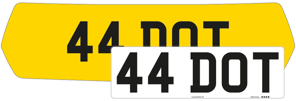 Close-up of a fully reflective yellow MINI number plate backing with offset white 44 DOT plate in Zero style.