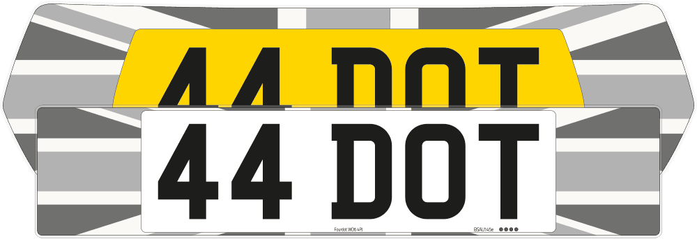 Close-up of a grey Union Jack MINI number plate backing with centrally positioned white 44 DOT plate in Classic style.
