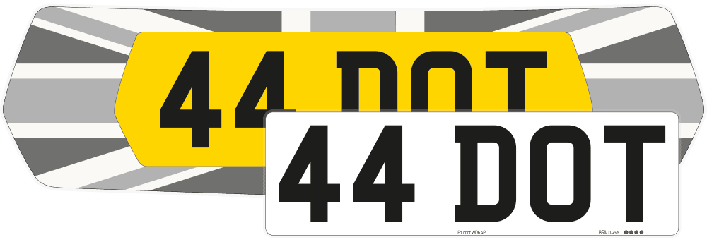 Close-up of a MINI Union Jack number plate backing with grey flag detailing and offset white 44 DOT plate in Zero style.